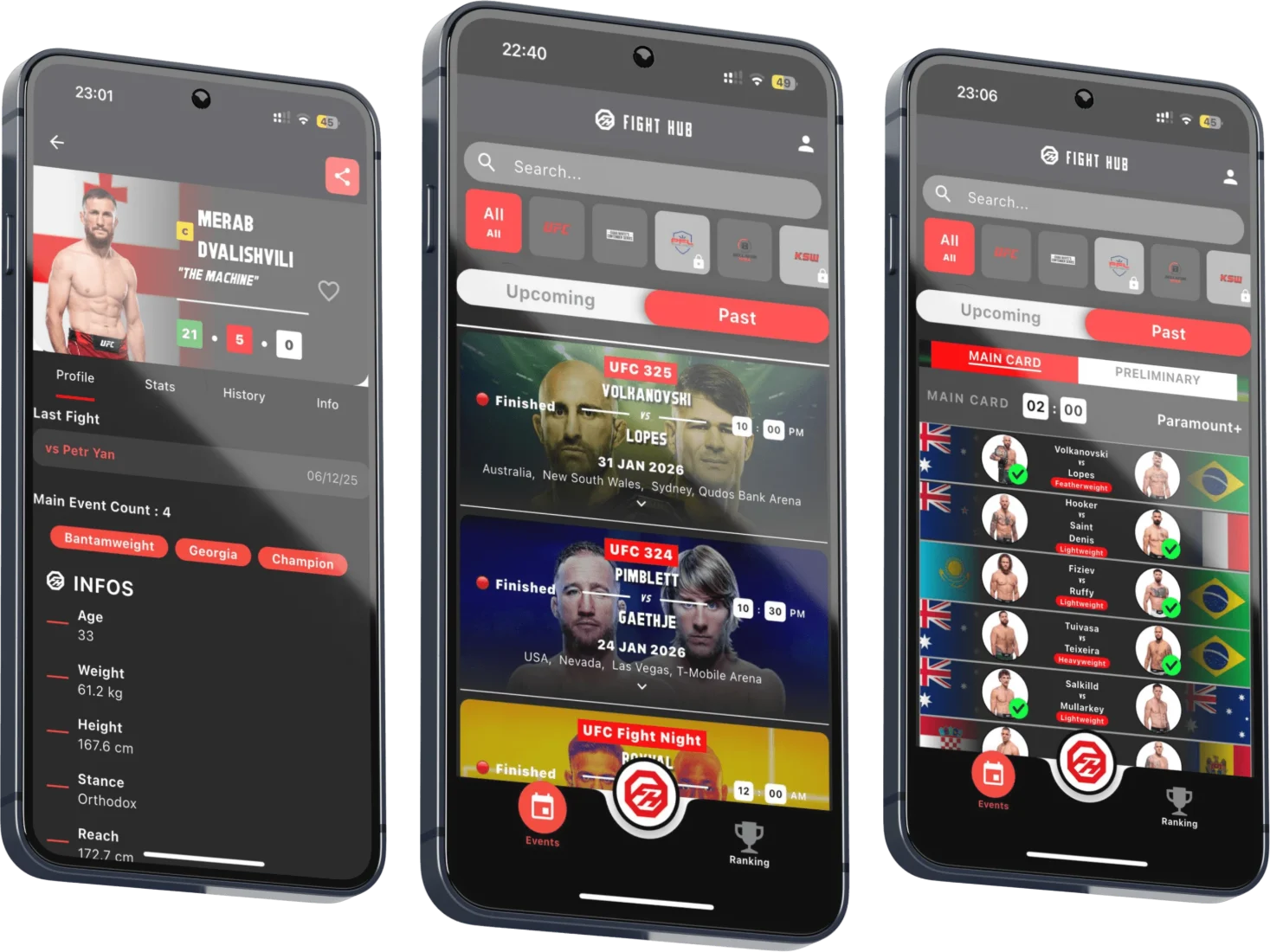 L'application FightHub sur trois téléphones