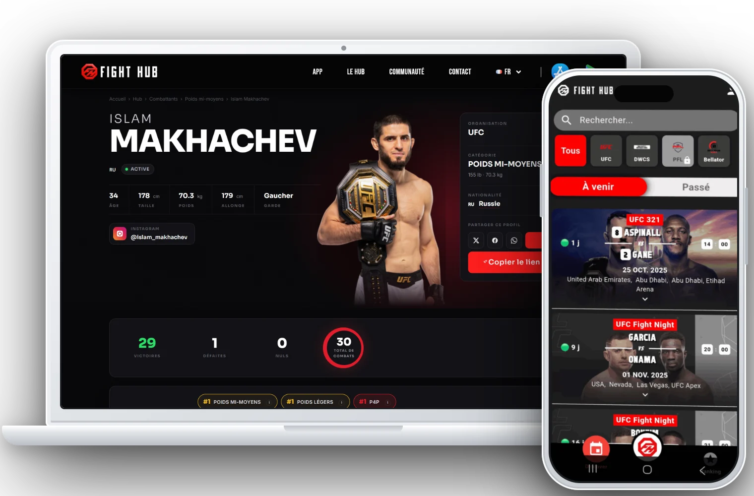 The FightHub website on a laptop and the FightHub app on a phone
